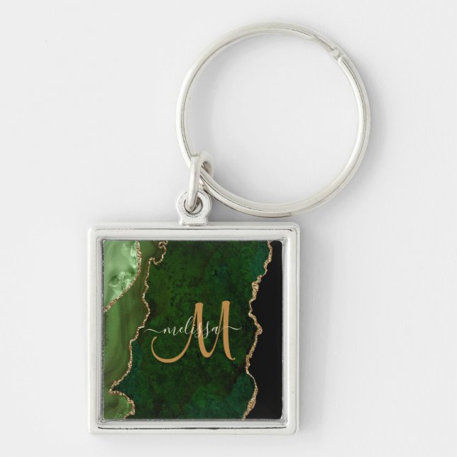 Chic Green Gold Glitter Agate Custom Monogram Key Ring (Front)