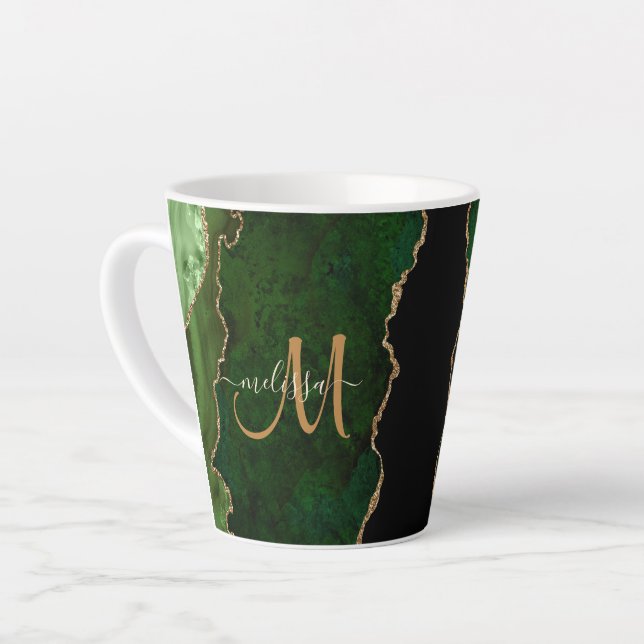 Chic Green Gold Glitter Agate Custom Monogram Latte Mug (Left Angle)