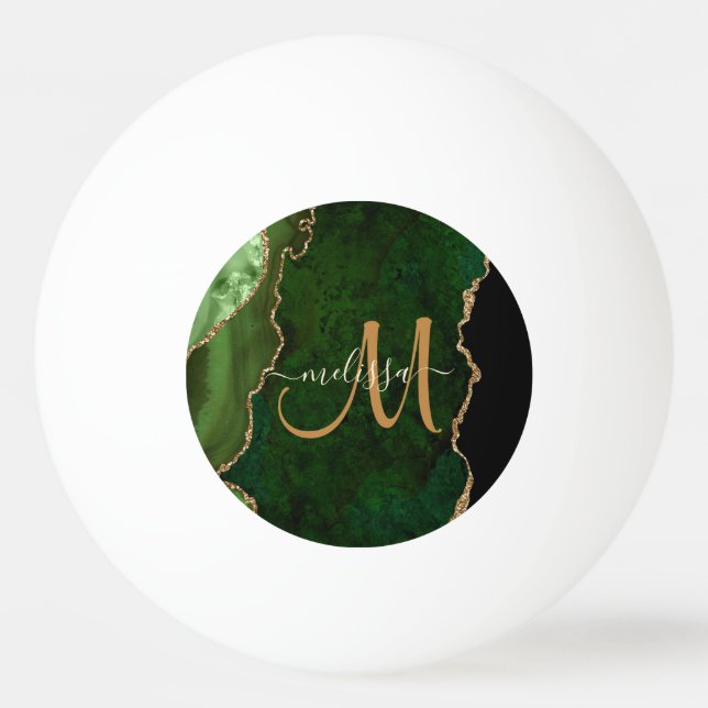 Chic Green Gold Glitter Agate Custom Monogram Ping Pong Ball (Front)