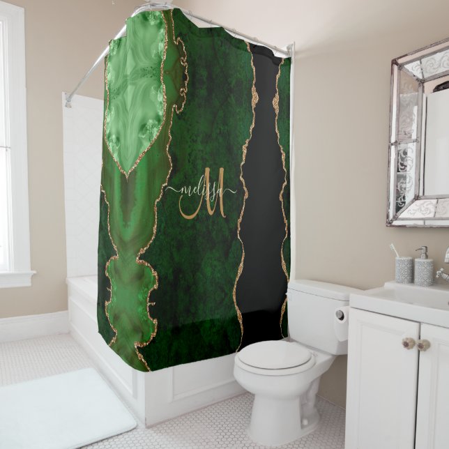 Chic Green Gold Glitter Agate Custom Monogram Shower Curtain (In Situ)
