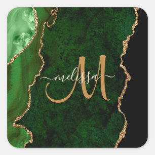 Chic Green Gold Glitter Agate Custom Monogram Square Sticker