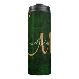 Chic Green Gold Glitter Agate Custom Monogram Thermal Tumbler