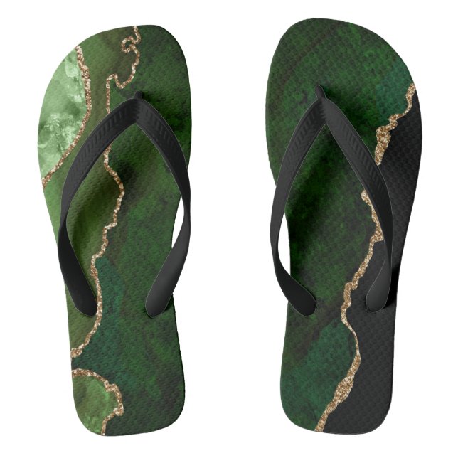 Chic Green Gold Glitter Agate Custom Monogram Thongs (Footbed)