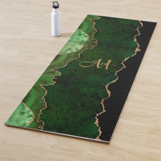 Chic Green Gold Glitter Agate Custom Monogram Yoga Mat (In Situ)