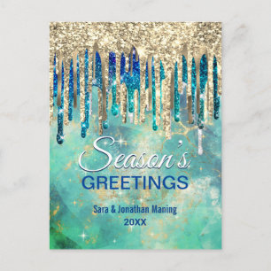 Chic green gold glitter drips Christmas new year Postcard