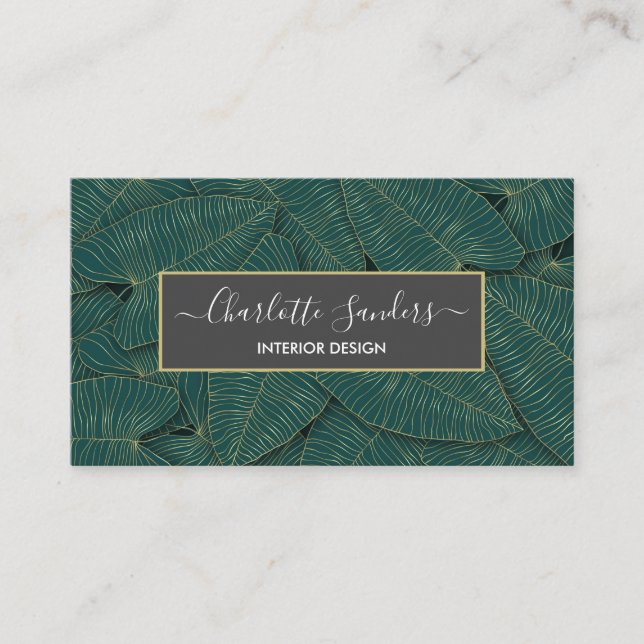 Chic green gold leaves business card (Front)