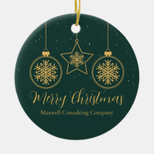 Chic Green Gold Merry Christmas Custom Company Ceramic Ornament