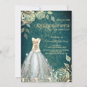 Chic green Gold roses trendy dress Quinceañera Inv Invitation
