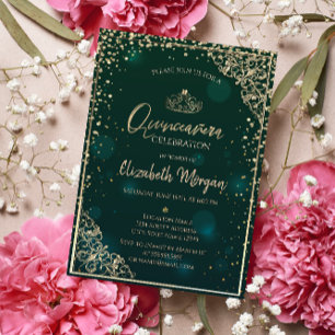 Chic Green Gold Tiara,Diamonds Quinceañera Invitation