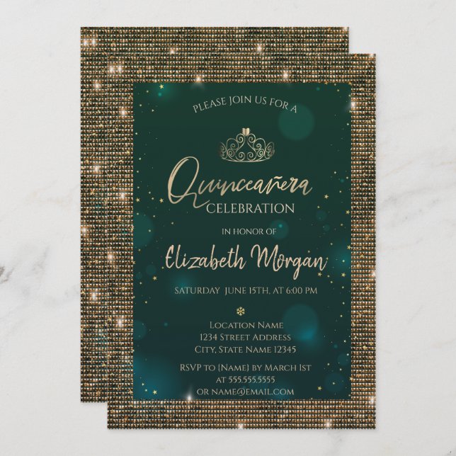 Chic Green Gold Tiara,Sequins Green Quinceañera Invitation (Front/Back)