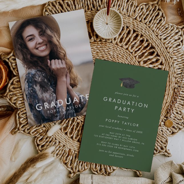 Chic Green Grad Cap Photo Graduation Party Invitation (Creator Uploaded)