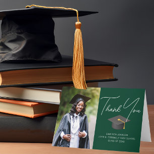Chic Green Graduate Photo Custom Graduation Thank You Card