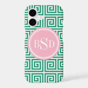 Chic green greek key geometric patterns monogram