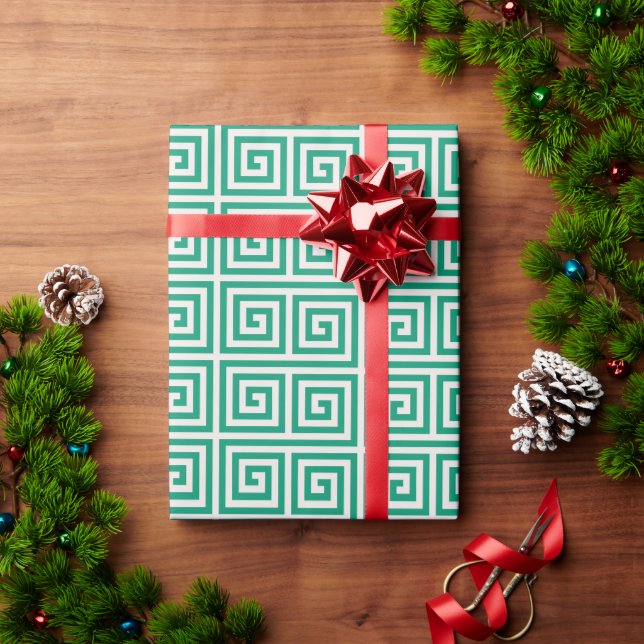 Chic green greek key geometric patterns monogram wrapping paper (Holiday Gift)