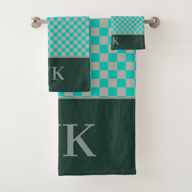 Chic Green & Grey Chequerboard Spa Monogram Bath Towel Set (Insitu)