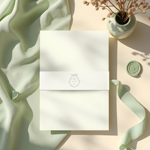 Chic Green Hand Drawn Bow & Ribbon Monogram Crest Invitation Belly Band