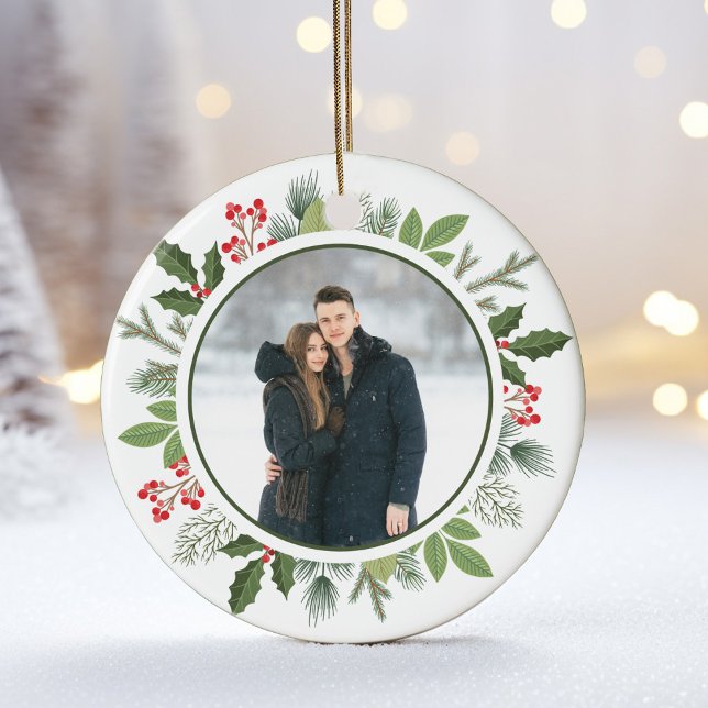 Chic Green Holly Christmas Wreath 2 Sided Photo Ceramic Ornament (Creator Uploaded)
