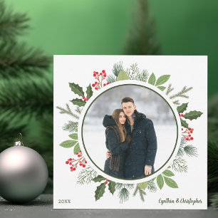 Chic Green Holly Christmas Wreath 2 Sided Photo Holiday Card