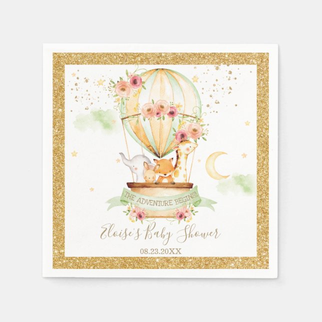 Chic Green Hot Air Balloon Baby Animals Neutral Napkin (Front)