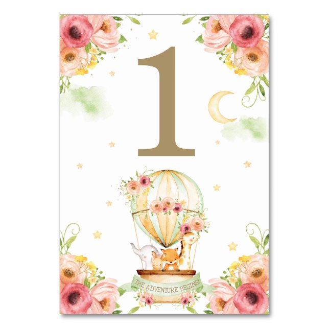 Chic Green Hot Air Balloon Baby Animals Neutral Table Number (Front)