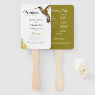 Chic Green Hummingbird and Gold Dust Wedding Hand Fan