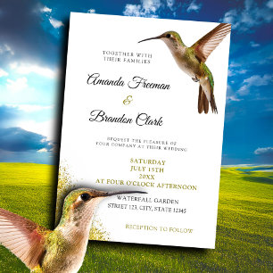 Chic Green Hummingbird and Gold Dust Wedding Invitation