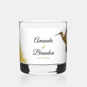 Chic Green Hummingbird and Gold Dust Wedding Whiskey Glass