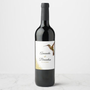Chic Green Hummingbird and Gold Dust Wedding Wine Label