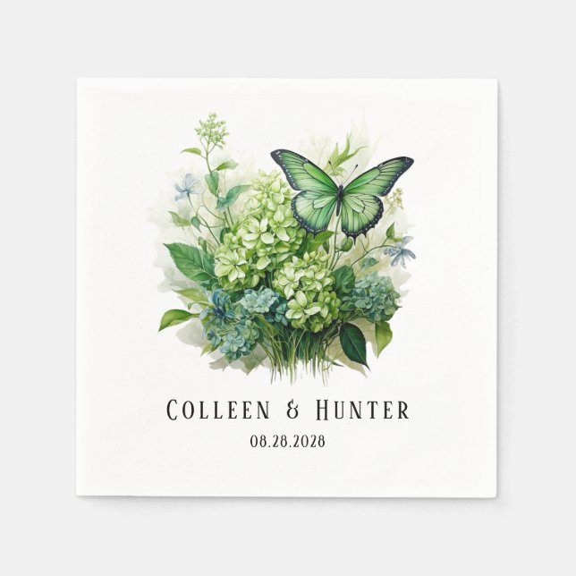 Chic Green Hydrangea Floral Butterfly Wedding  Napkin (Front)