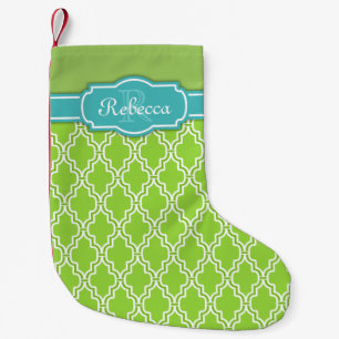 Chic Green Lattice Pattern Blue Monogram Small Christmas Stocking