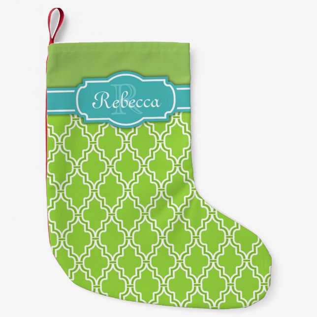 Chic Green Lattice Pattern Blue Monogram Small Christmas Stocking (Front)