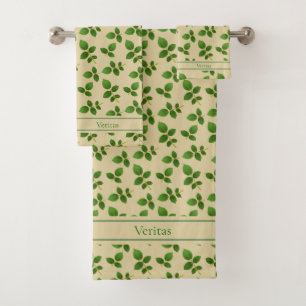 Chic Green Leaves on Lucky Beige Bath Towel Set