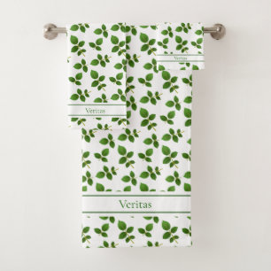 Chic Green Leaves on White Bath Towel Set