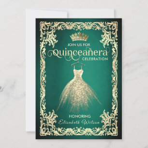 Chic green luxury gold dress tiara Quinceañera I Invitation