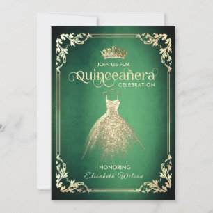 Chic green luxury gold dress tiara Quinceañera I Invitation