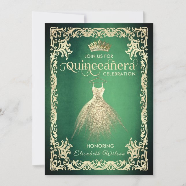 Chic green luxury gold dress tiara Quinceañera   Invitation (Front)