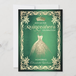 Chic green luxury gold dress tiara Quinceañera Invitation