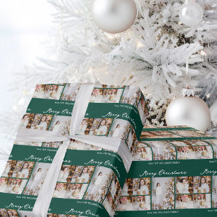 Chic Green Merry Christmas Photo Collage Wrapping Paper
