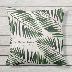 Chic Green Palm Leaves on Natural Colour Cushion