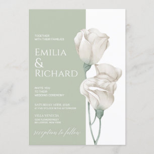 Chic green pastel powder white floral wedding invitation
