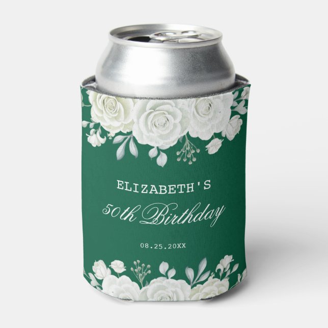Chic Green Pastel White Rose Greenery Birthday Can Cooler (Can Front)