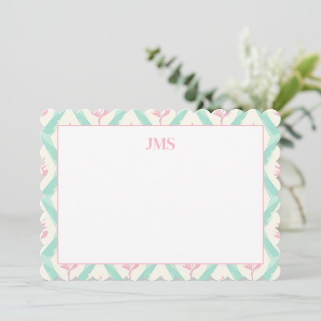 Chic Green Pattern Monogram Stationary Card (Standing Front)