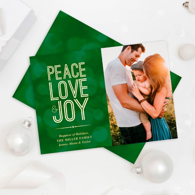 Chic Green Peace Love & Joy Photo Foil Holiday Card (Creator Uploaded)