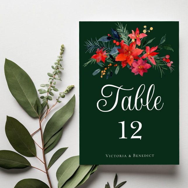 Chic Green Poinsettia Floral Holiday Wedding Table Number (Creator Uploaded)