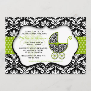 Chic Green Polka Dot Damask Baby Shower Invite