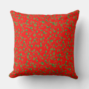 Chic Green Poppy Buds Pattern on Bright Red Cushion