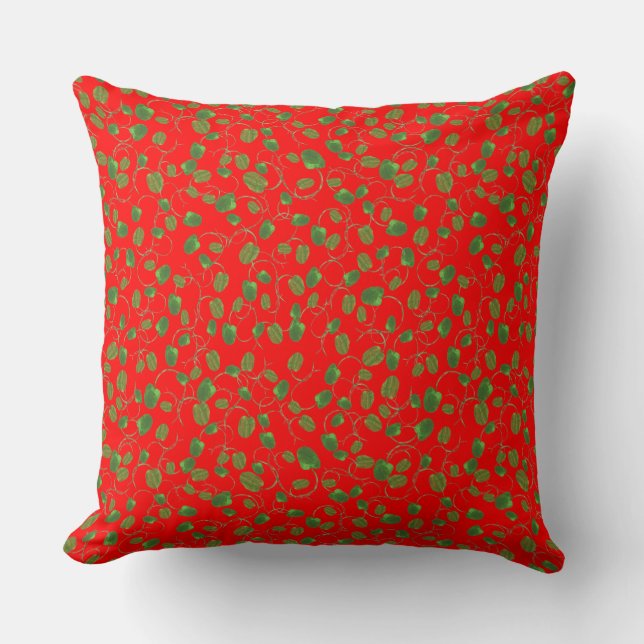 Chic Green Poppy Buds Pattern on Bright Red Cushion (Front)