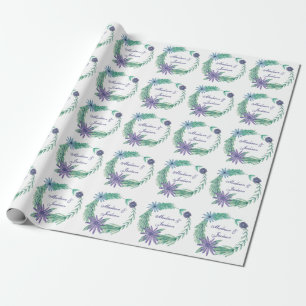 Chic Green Purple Floral Personalised Wedding Wrapping Paper