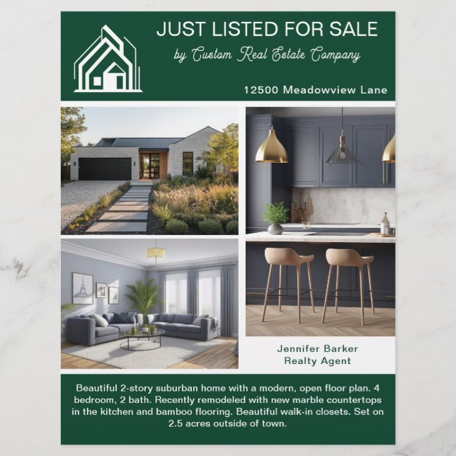 Chic Green Real Estate Home Listing 2 Sided Modern Flyer (Front)
