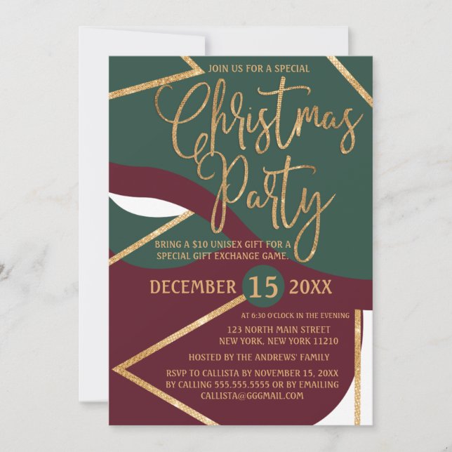 Chic Green Red Gold Glitter Geo Christmas Party Invitation (Front)
